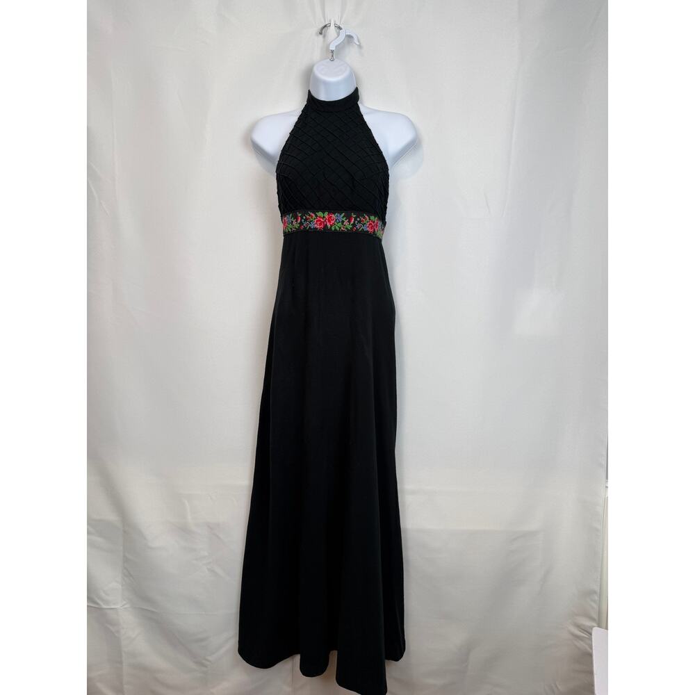 Vintage 70s Lanz Originals Black Halter Maxi Dress Floral Embroidered Boho XS